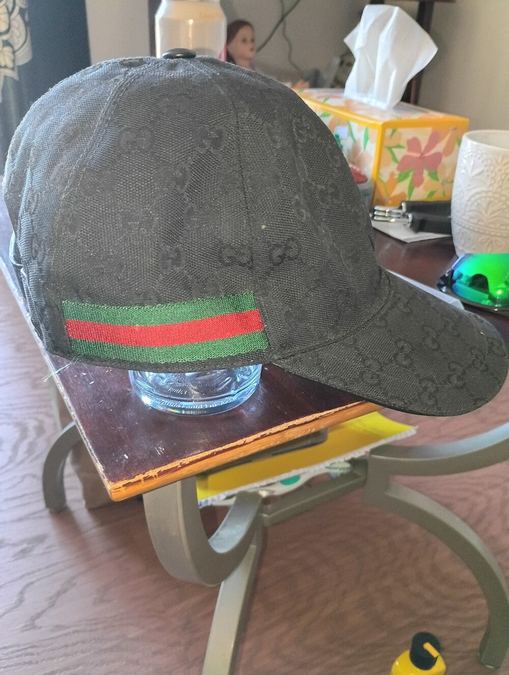 Gucci Black GG Monogram Baseball Cap with Green-Red Stripe
